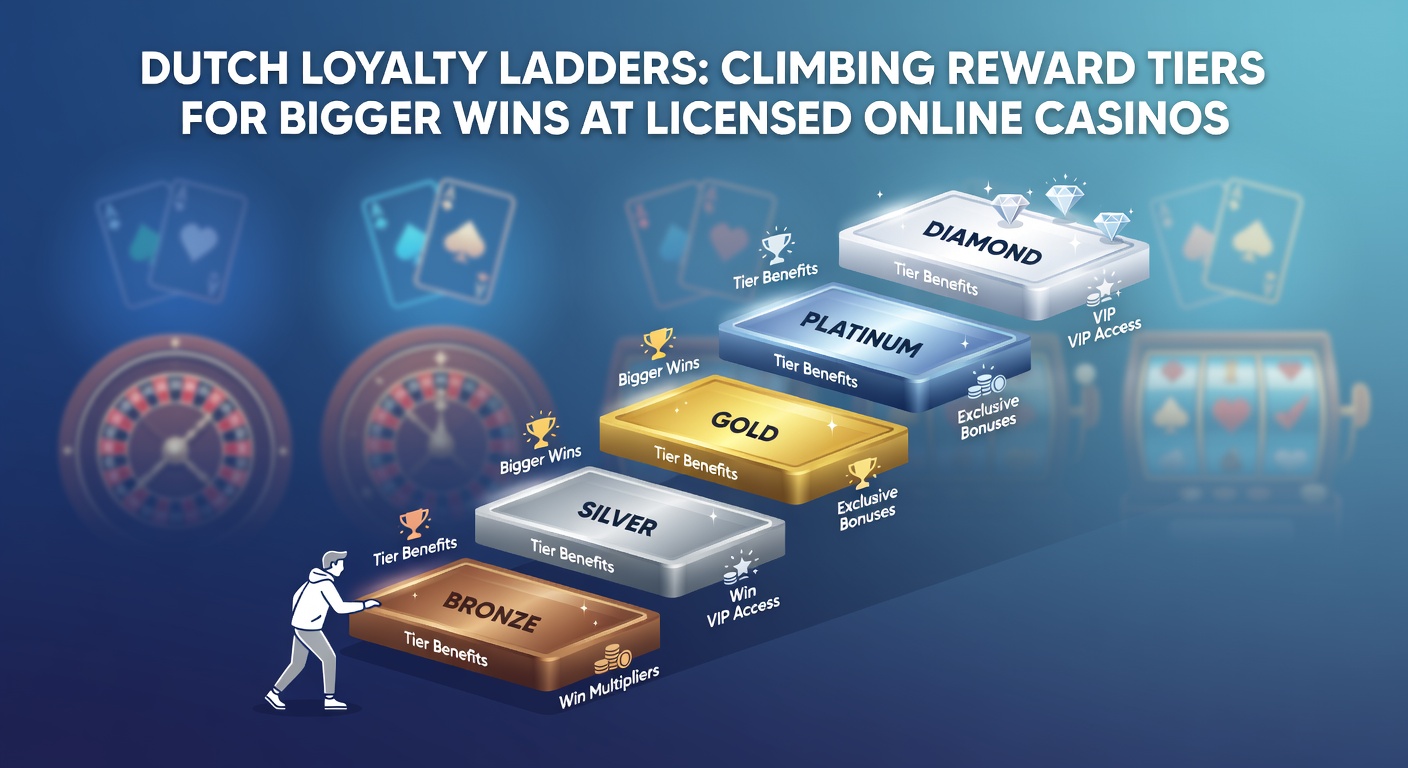 Grafiek van een loyaalheidsladder met tiers van brons tot diamant, beloningen en een speler die winsten viert in een Nederlands casino-thema